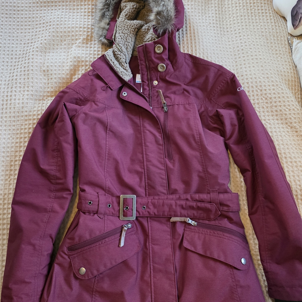 Women's Burgundy Coat with Faux Fur Trim